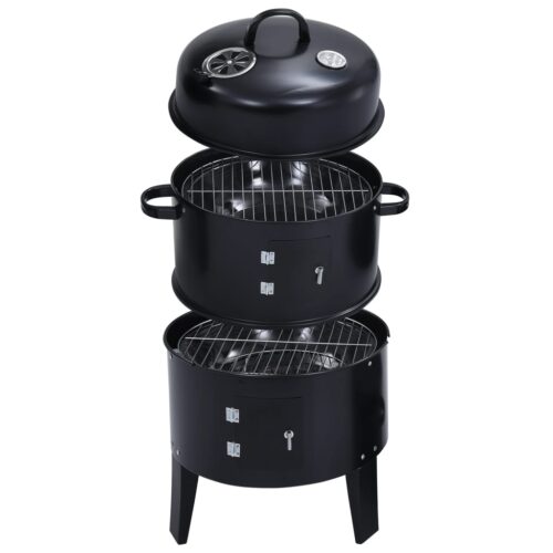 3-in-1 Charcoal BBQ Grill Smoker Portable Outdoor Roaster Steel Camping Black - Image 2