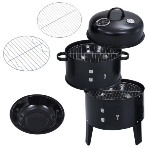 3-in-1 Charcoal BBQ Grill Smoker Portable Outdoor Roaster Steel Camping Black - Image 4