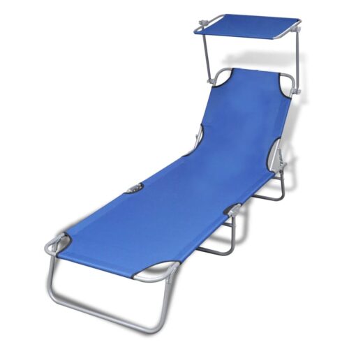 Folding Sun Lounger with Canopy Steel Fabric Blue