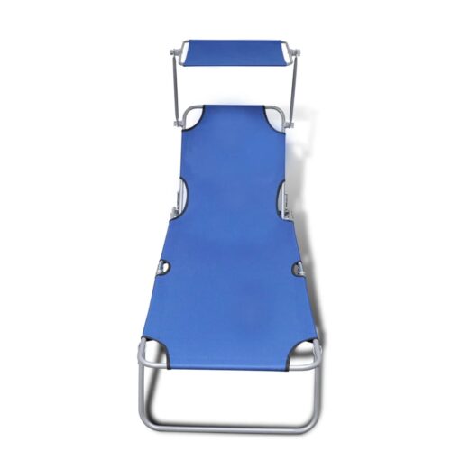 Folding Sun Lounger with Canopy Steel Fabric Blue - Image 3