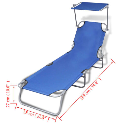 Folding Sun Lounger with Canopy Steel Fabric Blue - Image 7