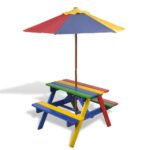 Kids' Picnic Table with Benches Parasol Multicolour Wood
