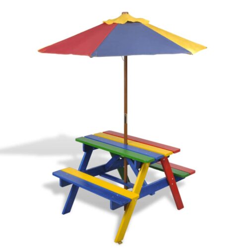 Kids' Picnic Table with Benches Parasol Multicolour Wood