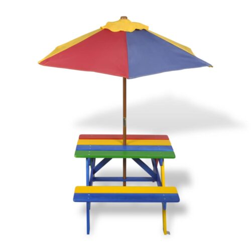 Kids' Picnic Table with Benches Parasol Multicolour Wood - Image 2