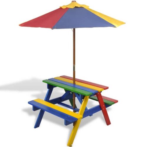 Kids' Picnic Table with Benches Parasol Multicolour Wood - Image 6