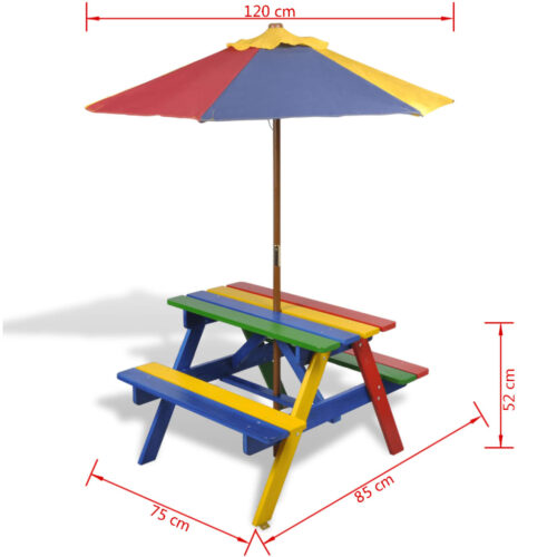Kids' Picnic Table with Benches Parasol Multicolour Wood - Image 7