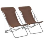 Folding Beach Chairs 2pcs Steel Oxford Fabric Brown