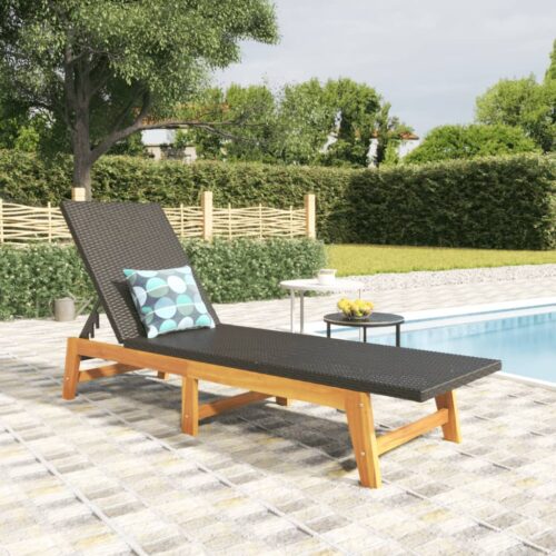 Sun Lounger Black Brown Poly Rattan Solid Wood Acacia - Image 12
