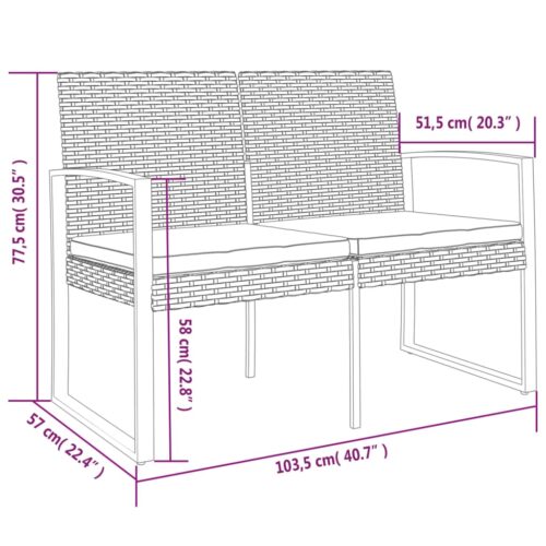 2-Seater Garden Bench with Cushions Black PP Rattan - Image 7