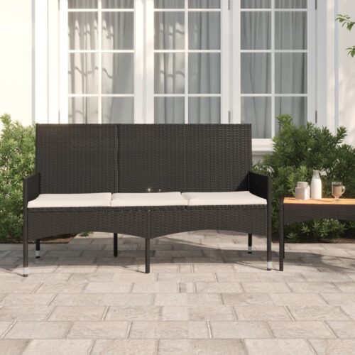 3-Seater Garden Bench with Cushions Black Poly Rattan - Image 10
