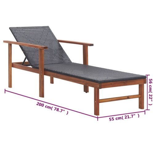 Sun Lounger Poly Rattan Solid Acacia Wood Black - Image 9