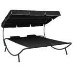 Outdoor Lounge Bed with Canopy Pillows Black
