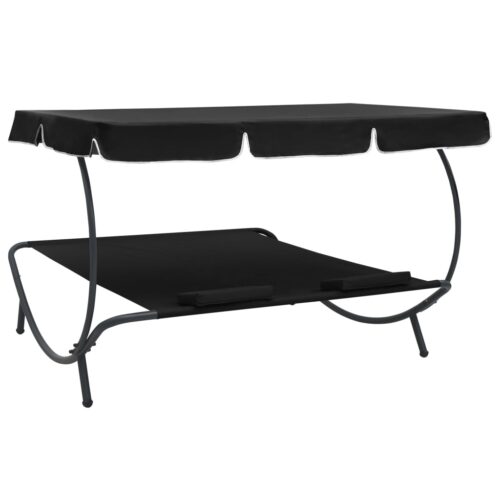 Outdoor Lounge Bed with Canopy Pillows Black - Image 4