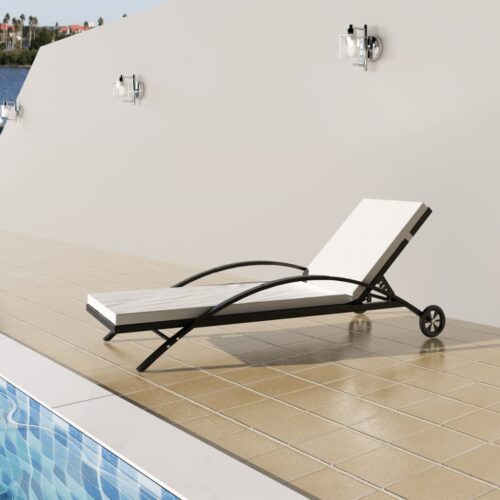 Sun Lounger with Cushion Wheels Poly Rattan Black