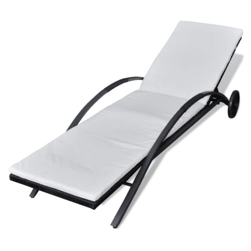 Sun Lounger with Cushion Wheels Poly Rattan Black - Image 2