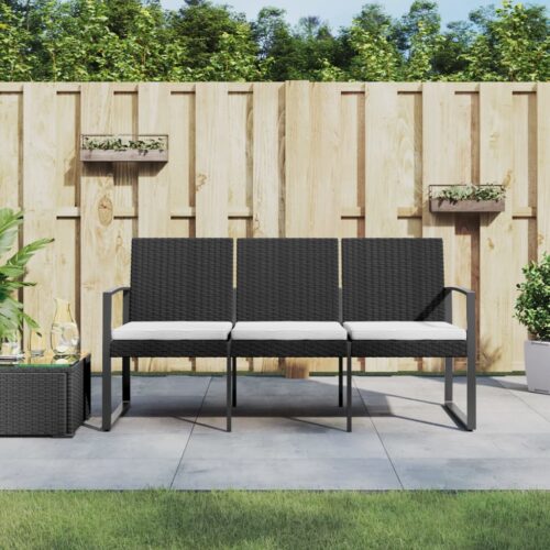 3-Seater Garden Bench with Cushions Black PP Rattan - Image 8