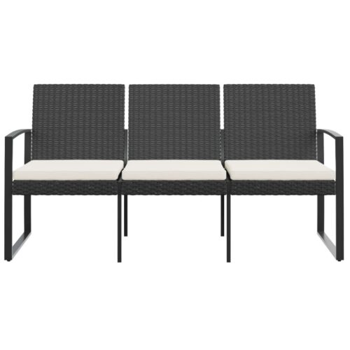 3-Seater Garden Bench with Cushions Black PP Rattan - Image 3
