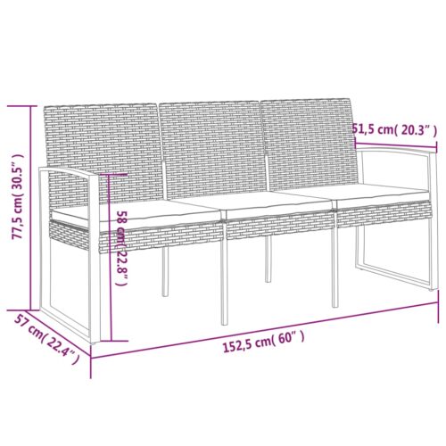 3-Seater Garden Bench with Cushions Black PP Rattan - Image 7