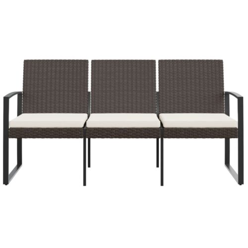 3-Seater Garden Bench with Cushions Brown PP Rattan - Image 3