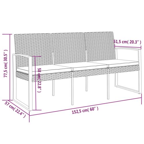 3-Seater Garden Bench with Cushions Brown PP Rattan - Image 7