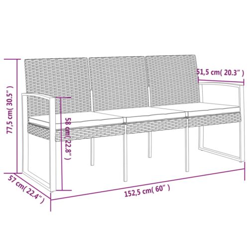 3-Seater Garden Bench with Cushions Dark Grey PP Rattan - Image 7