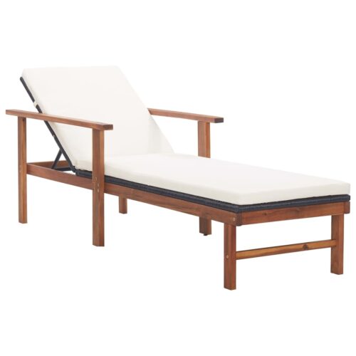 Sun Lounger with Cushion Poly Rattan Solid Acacia Wood Black