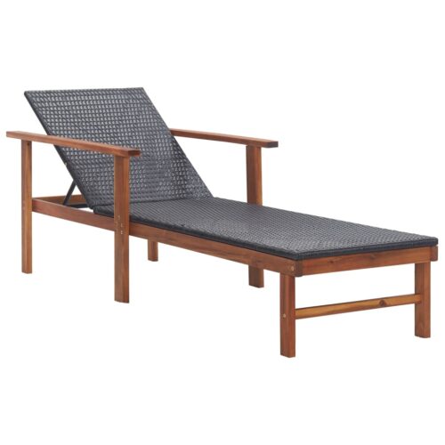 Sun Lounger with Cushion Poly Rattan Solid Acacia Wood Black - Image 2