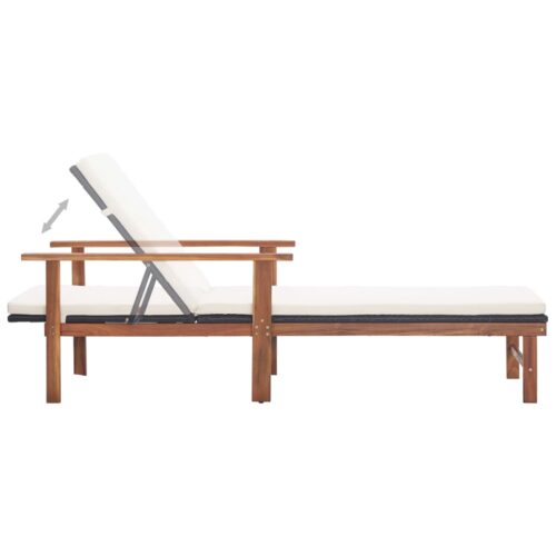Sun Lounger with Cushion Poly Rattan Solid Acacia Wood Black - Image 6