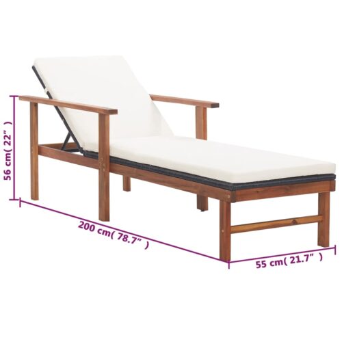 Sun Lounger with Cushion Poly Rattan Solid Acacia Wood Black - Image 10