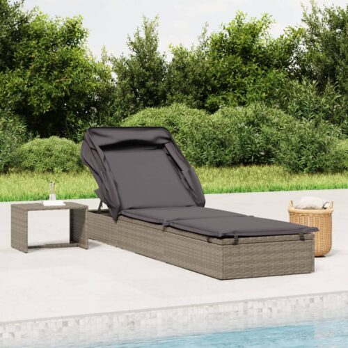 Sunbed with Foldable Roof Grey 213x63x97cm Poly Rattan