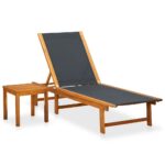 Sun Lounger with Table Solid Acacia Wood Textilene