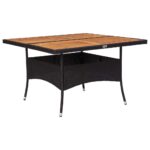 Outdoor Dining Table Black Poly Rattan Solid Acacia Wood