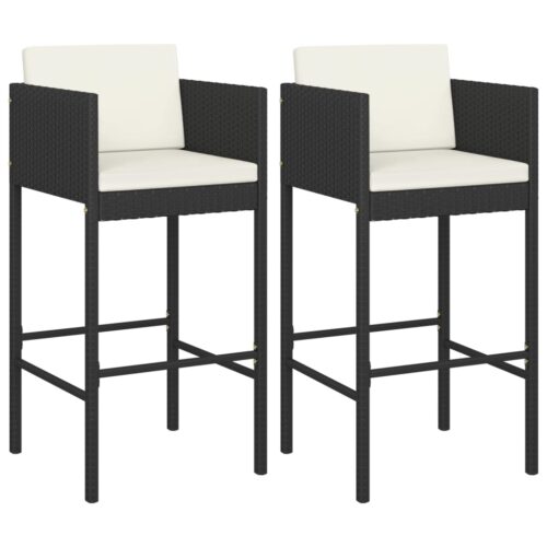 Bar Stools 2pcs with Cushions Black Poly Rattan