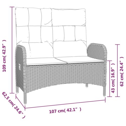 Reclining Garden Bench with Cushions 107cm Poly Rattan Grey - Image 7