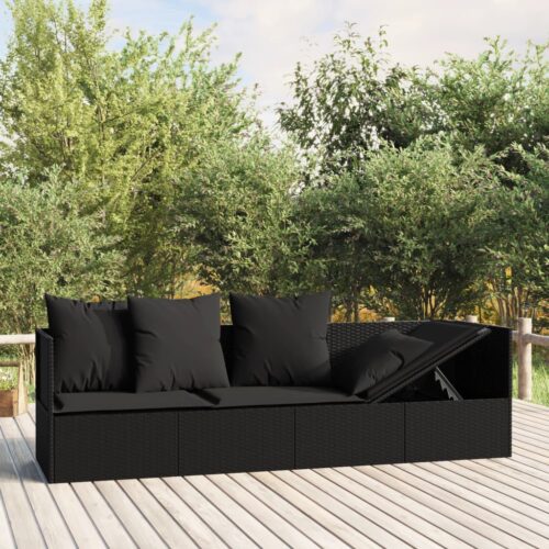 Outdoor Lounge Bed with Cushions Black Poly Rattan - Image 9