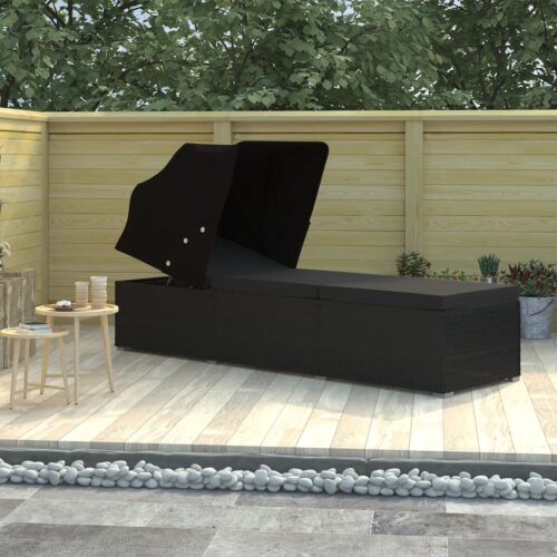 Sun Lounger with Canopy Cushion Poly Rattan Black - Image 2