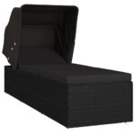 Sun Lounger with Canopy Cushion Poly Rattan Black