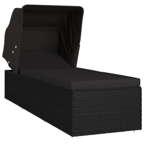 Sun Lounger with Canopy Cushion Poly Rattan Black