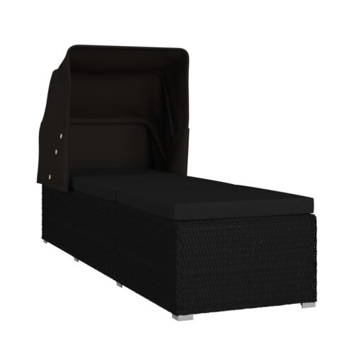 Sun Lounger with Canopy Cushion Poly Rattan Black - Image 3