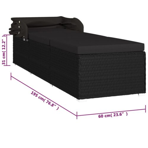 Sun Lounger with Canopy Cushion Poly Rattan Black - Image 11