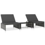 Reclining Garden Chairs 2pcs with Table Grey Poly Rattan