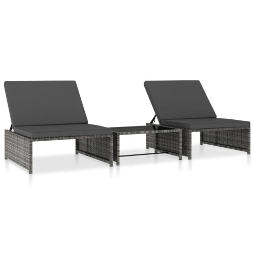 Reclining Garden Chairs 2pcs with Table Grey Poly Rattan