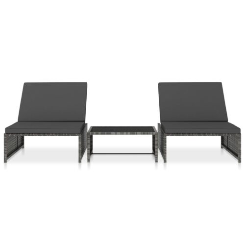 Reclining Garden Chairs 2pcs with Table Grey Poly Rattan - Image 2