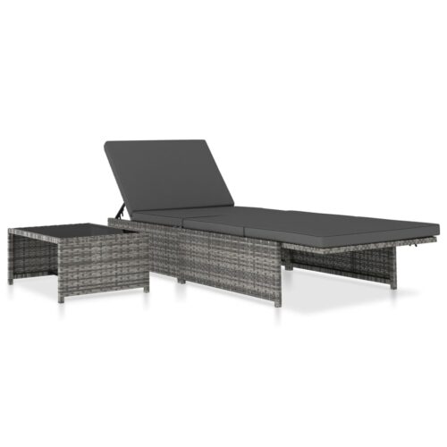 Reclining Garden Chairs 2pcs with Table Grey Poly Rattan - Image 4