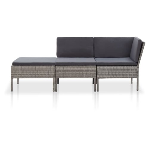 3-Piece Garden Lounge Set with Cushions Poly Rattan Wicker Outdoor Patio Furniture Grey - Image 2
