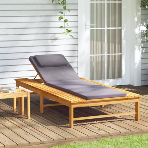 Sun Lounger with Dark Grey Cushion Pillow Solid Wood Acacia - Image 2