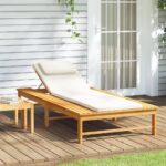 Sun Lounger with Cream White Cushion Pillow Solid Wood Acacia