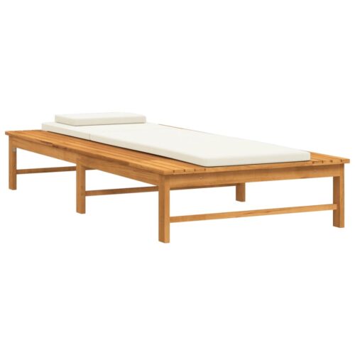 Sun Lounger with Cream White Cushion Pillow Solid Wood Acacia - Image 2