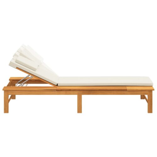 Sun Lounger with Cream White Cushion Pillow Solid Wood Acacia - Image 6