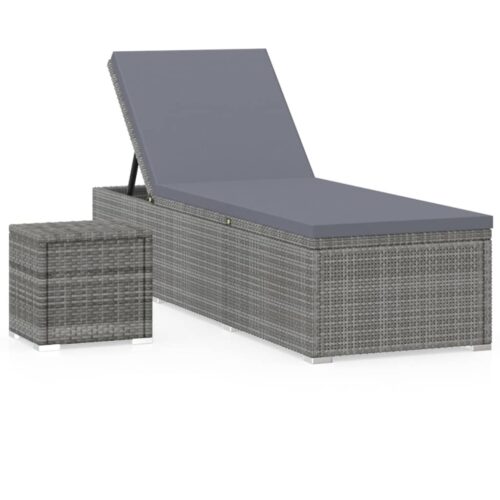 Sun Lounger with Cushion Tea Table Poly Rattan Grey